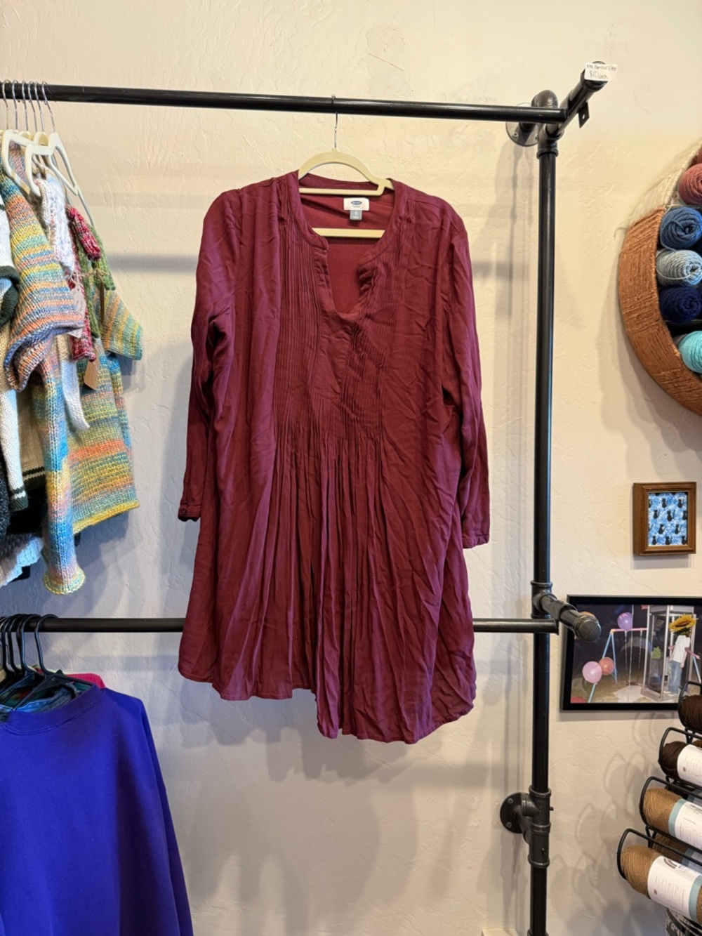 Old Navy Burgundy Long-Sleeve Pleated Tunic Dress